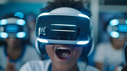 Editorial Photography style, close-up shot of students with VR headsets, expressions of awe and excitement, futuristic classroom setting, blending traditional and digital learning tools,