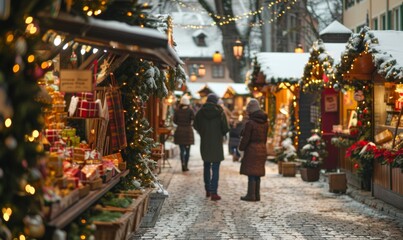 Obraz premium A romantic Christmas market decorated with charming shops selling gifts and decorations.