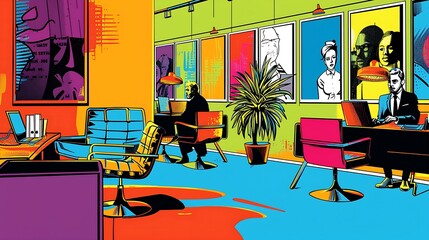 A retro-style office interior with bold colors and unique furniture.