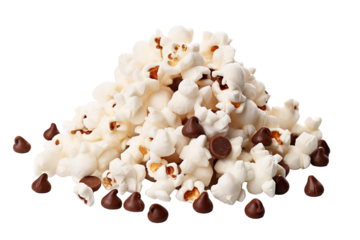 A Mountain of Popcorn and Chocolate Chips, A Movie Night Treat on a White or Clear Surface PNG Transparent Background