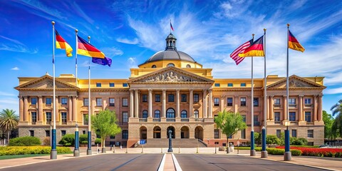 Naklejka premium Capitol building in Phoenix with colorful flags flying , Arizona, Phoenix, Capitol, building, flags, state