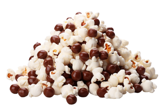 A Mountain of Popcorn and Chocolate Delights on a White or Clear Surface PNG Transparent Background