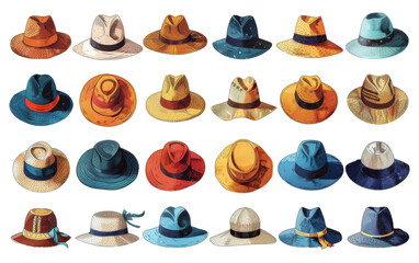 Collection of hats, compartments, lined flat illustrations. White background vector