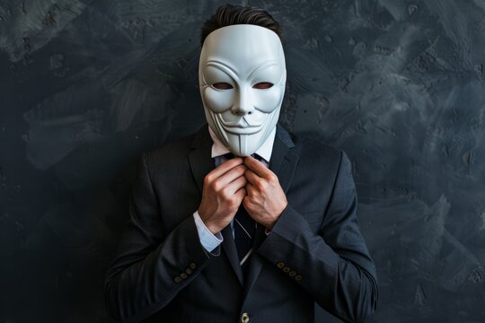 Formally dressed businessman symbolizing duplicity with mask