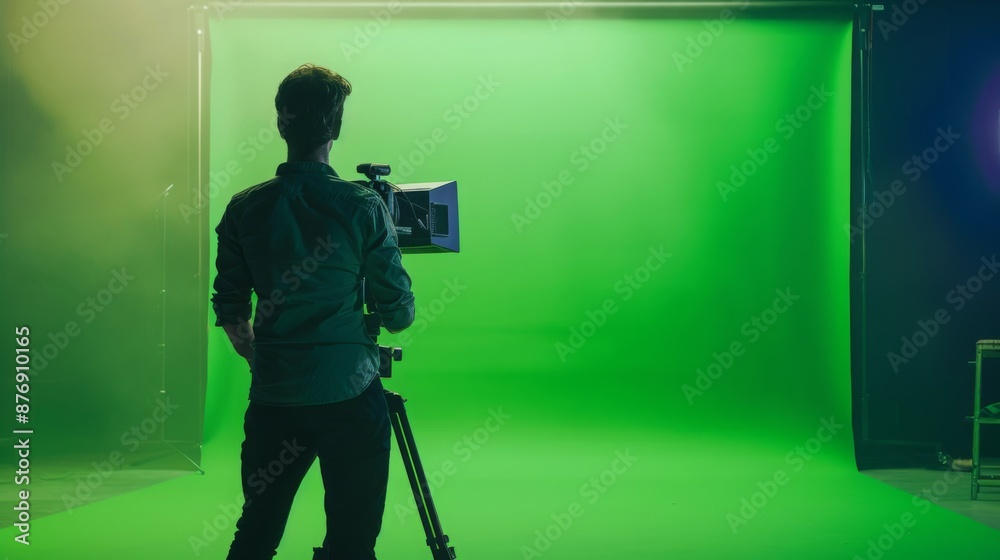 Poster a cameraman stands in front of a green screen, holding a camera on a tripod and looking towards the 