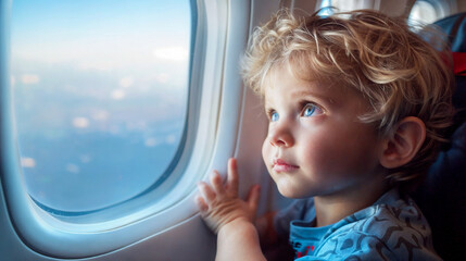 Un niño pasajero mirando por la ventana con curiosidad e inocencia, soñando con aventuras