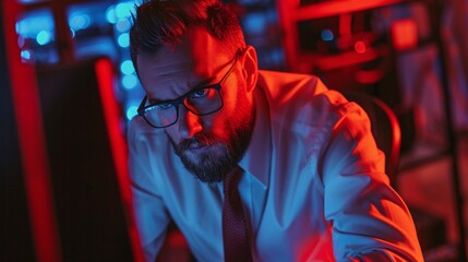 Highly detailed image of a professional in office attire, with a concerned expression while troubleshooting a computer issue under a red alert