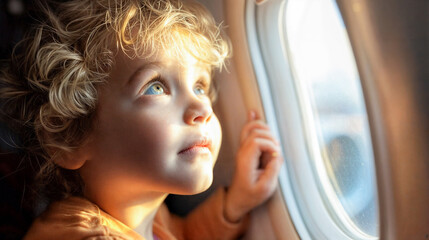 Un niño pasajero mirando por la ventana con curiosidad e inocencia, soñando con aventuras