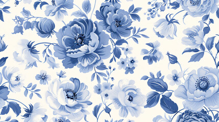 Blue and white floral pattern with roses, peonies, anemones and leaves on vintage background. Vintage style wallpaper for wall or textile design.


