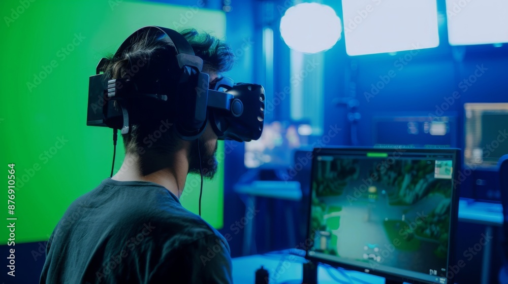 Aufkleber A man with a VR headset on is playing a video game in a studio setting with blue and green lighting.