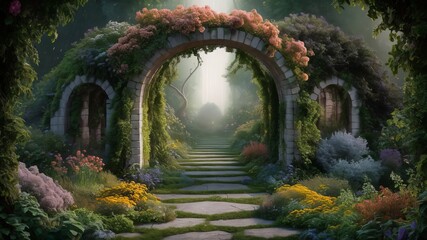 Obraz premium A moss-covered stone archway, possibly a medieval garden entrance or a ruined church gate, hints at the history of a European travel destination