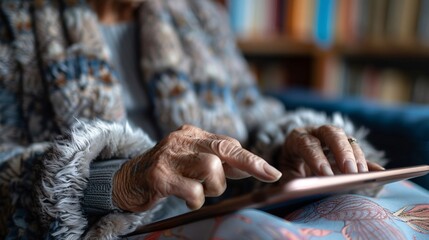 3d character elderly person using a tablet to read news articles Stock Photo with copy space