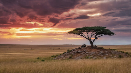 A lone tree grows on a mound in a wide open field during sunset.