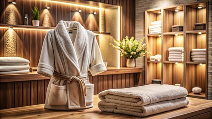 Luxurious spa interior with neatly folded towels and plush robe, relaxation, wellness, pampering, comfort, hygiene