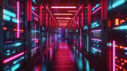A neon colored computer room with many computer servers
