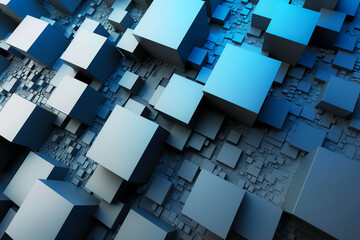 Obraz premium abstract 3d cube pattern with varying sizes in a gradient of blue and red hues creating a modern digital design, electronics circuit board.