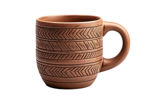 A Rustic Brown Ceramic Mug With Intricate Chevron Pattern on a White or Clear Surface PNG Transparent Background