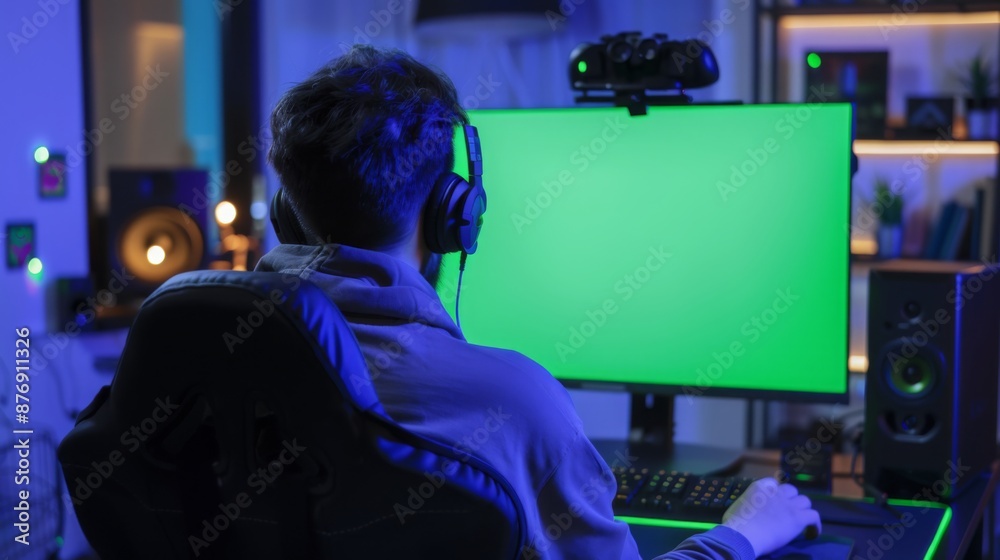 Poster a person wearing headphones sits in front of a computer monitor with a green screen, illuminated by 