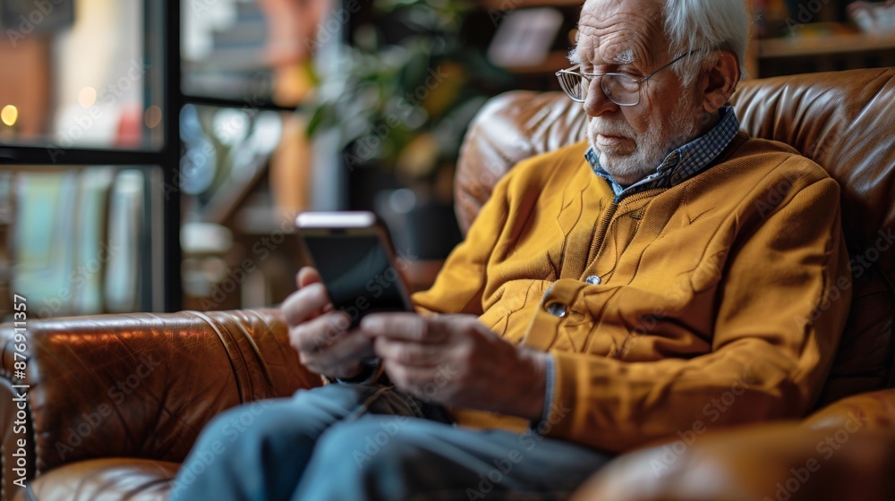 Poster 3d character elderly person using a smartphone to control a smart thermostat stock photo with copy s
