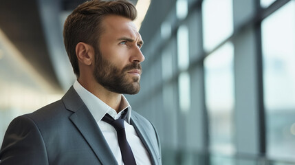 A handsome man in his late thirties wearing business attire, standing inside an airport building with large windows behind him. Business man, Business trip.