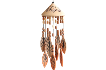 Rustic Terracotta Wind Chime With Carved Leaf Charms and Wooden Beads on a White or Clear Surface PNG Transparent Background
