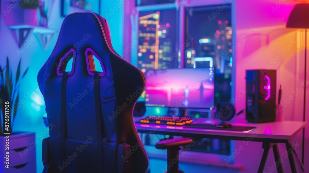Fototapete A gamer's chair sits empty in a dimly lit room. A large monitor displays a colorful scene while the desk is set up for gaming with a keyboard and mouse. The windows show a cityscape at night.