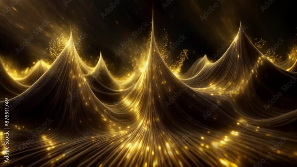 Wall mural looped animation of abstract dynamic motion of golden light rays and liquid flowing smooth wavy swir