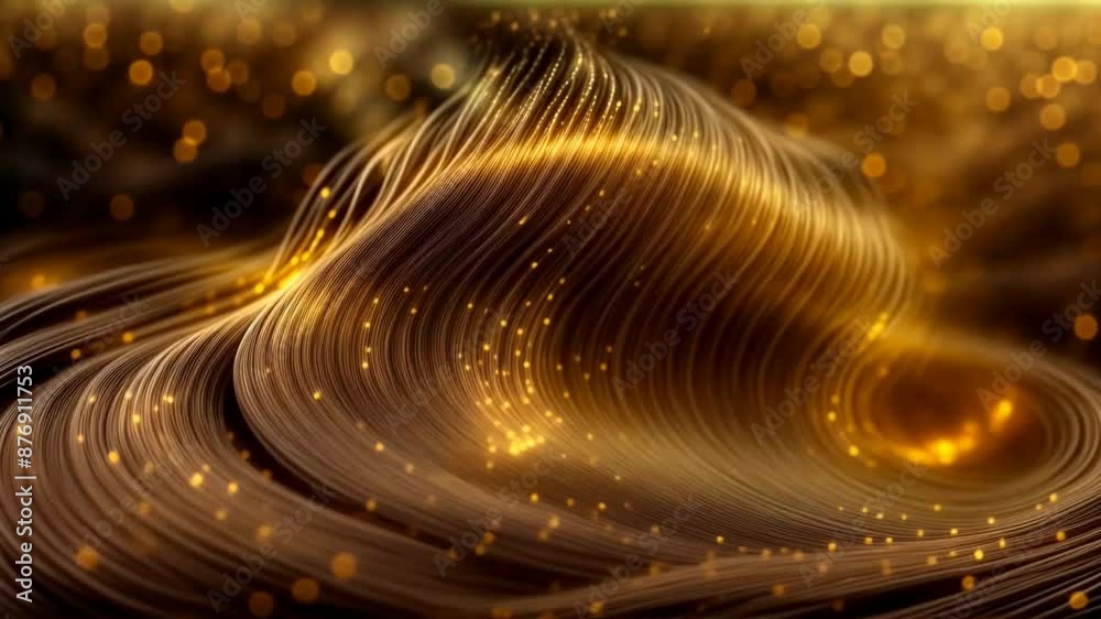 Wall mural looped animation of abstract dynamic motion of golden light rays and liquid flowing smooth wavy swir