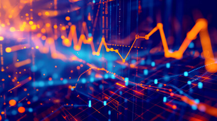 Fototapeta premium Abstract financial background featuring a glowing line graph, data points, and a grid pattern representing financial analysis and stock market trends.