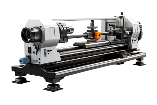 Precision Metalworking: A Modern Lathe Machine in Action on a White or Clear Surface PNG Transparent Background