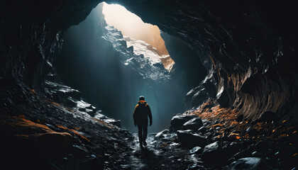 Obraz premium Cave Enigmas in Cloudy Winter: The Traveler's Sojourn Enveloped in Landslide