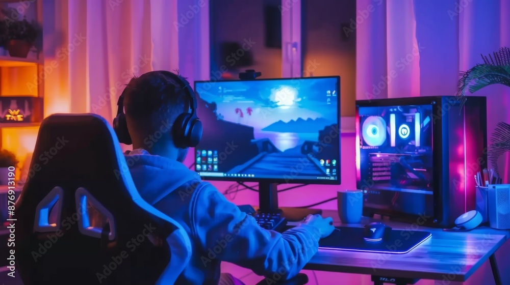 Poster a gamer with headphones sits in a chair playing a video game on a computer with colorful lights. the