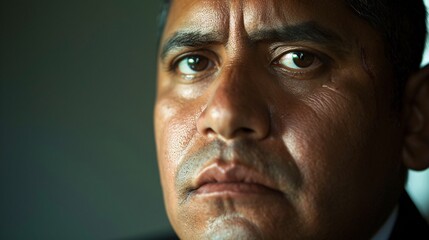Fototapeta premium Detailed close-up of a Hispanic man's face in a suit, showing visible stress lines and a concerned expression