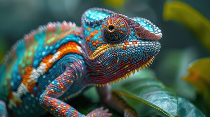 A close-up shot of a vibrantly colored chameleon sitting on green leaves, showcasing the intricate patterns and colors of its skin and surroundings.