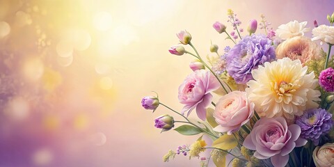Fototapeta premium Ethereal floral arrangement with pastel blooms on soft yellow and purple background, pastel, dreamy, ethereal, blooms, flowers