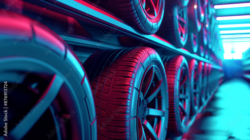 Canvas Prints Close-up view of neatly arranged car tires on shelves in a modern, illuminated warehouse with vibrant blue and red lighting.