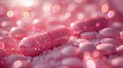 Pink capsules and various pills are shown on a glittery background, shining with multiple colors and creating a festive, vibrant, and visually stimulating ambiance.