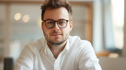 Obraz premium Confident Businessman in Retro Glasses at Contemporary Workspace with Copy Space - Photorealistic Image for Business Concepts