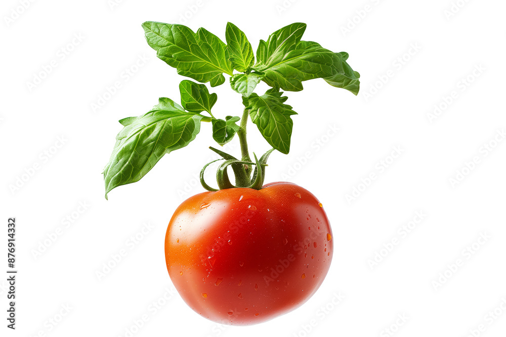 Poster flying red tomato with a green stem isolated on a white background.