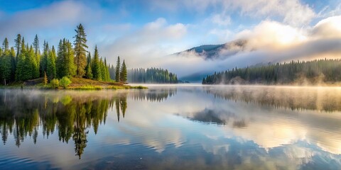 Foggy morning at Kanas Lake with mist enveloping the serene landscape, fog, morning, Kanas Lake, mist, serene, landscape