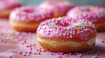 Close-up of pink frosted donuts topped with colorful sprinkles, showcasing their vibrant and appetizing appearance, perfect as a sweet treat or dessert.