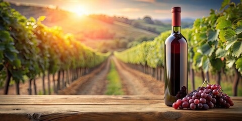 Fototapeta premium Red grape wine bottle displayed in a grape grove setting , red grape, wine, bottle, grape grove, vineyard, winery, alcohol