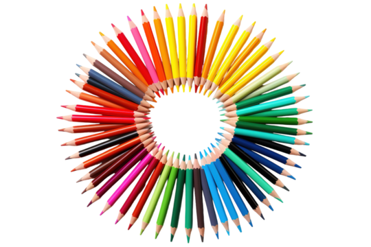 A Colorful Circle of Creativity: A Rainbow of Pencils Arranged in a Perfect Circle on a White Background on a White or Clear Surface PNG Transparent Background