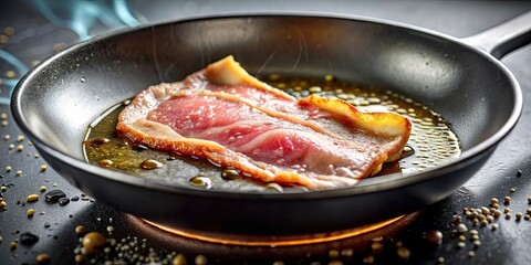 Fototapeta premium Close-up shot of speck being fried in a pan with sizzling oil , Speck, Anbraten, Frying, Pan, Close-up, Cooking, Bacon, Fat, Pork