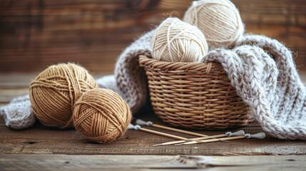 A stylish woven basket containing various yarns in earthy tones and a partially knitted cream-colored scarf, showcasing the beauty of handcrafted textile creation.