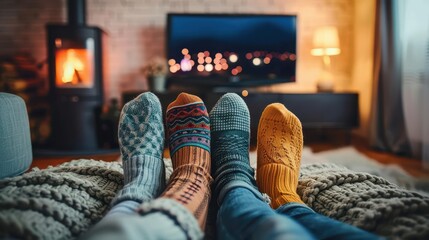 An image showing four pairs of feet in different patterned woolen socks, nestled in a living room environment with a TV and a glowing fireplace for ultimate comfort.