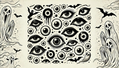 Spooky eyes scattered with an eerie glow creating a haunting atmosphere