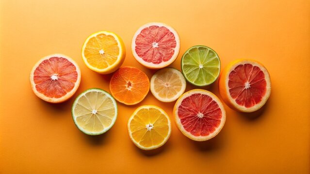 Various Citrus Fruits On Orange Background.