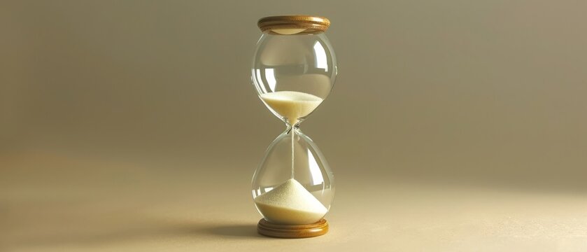 A classic hourglass with sand flowing through the bottom bulb.
