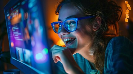 Detailed close-up of a young adult is face lit by a computer screen, showing excitement while shopping online